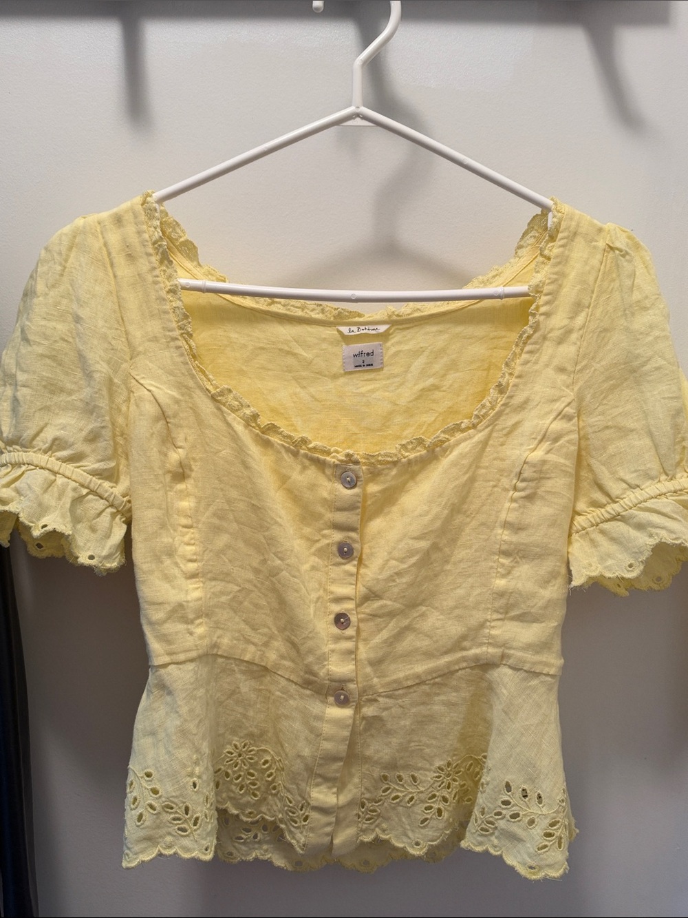Wilfred Yellow Linen Eyelet Ruffle Button-Front Top